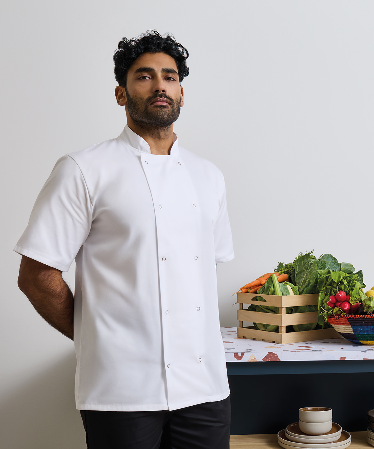 Premier Studded Front Short Sleeve Chef's Jacket — custom printed by Leeshprint